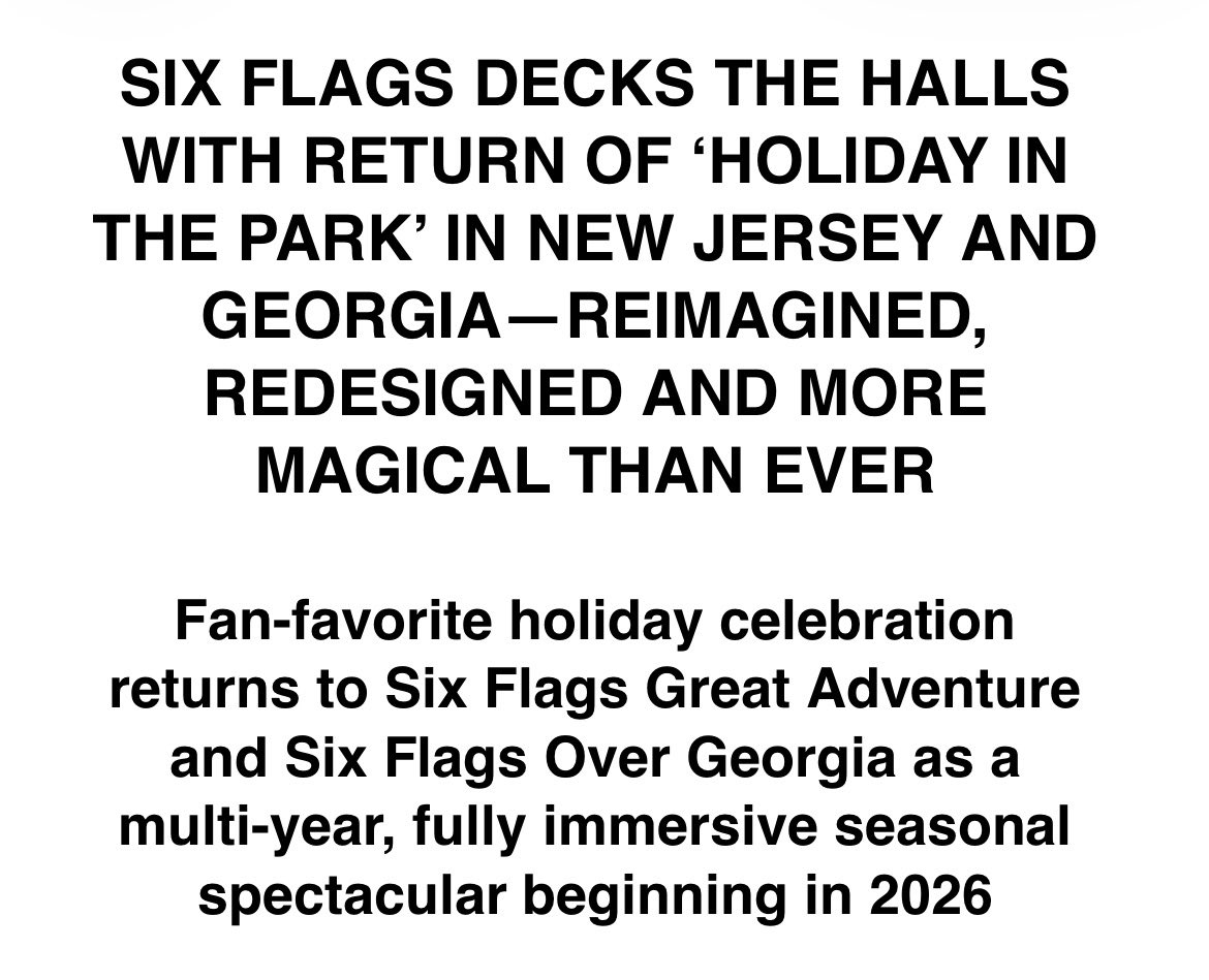 coastersnbrews's tweet photo. 🚨🚨 BREAKING: Holiday in the Park is set to return to Six Flags Over Georgia AND Six Flags Great Adventure THIS season! It was no secret this was a fan favorite event and it was pretty upsetting to not have it last year, but def stoked its back for the 2026 season! https://t.co/Q3VqKLI93l