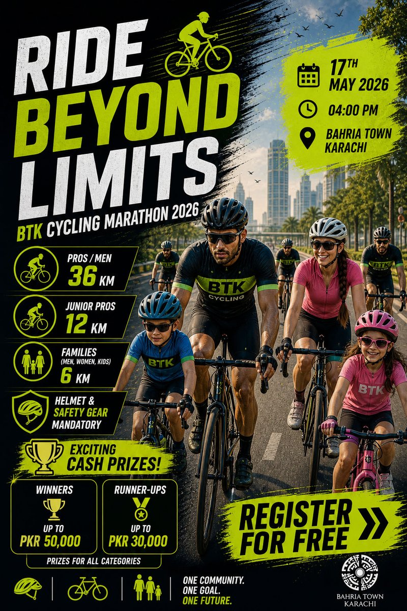BTKOfficial_1's tweet photo. 🏆 CASH PRIZES and Gifts for Winners &amp; Runner-Ups

REGISTER NOW: https://t.co/kD7plYZKiF

👨‍👩‍👧 Special 6KM Family Category for kids, parents &amp; beginners
📅 17th May | ⏰ 4:00 PM | 📍 Bahria Town Karachi https://t.co/eE4eYRhsat