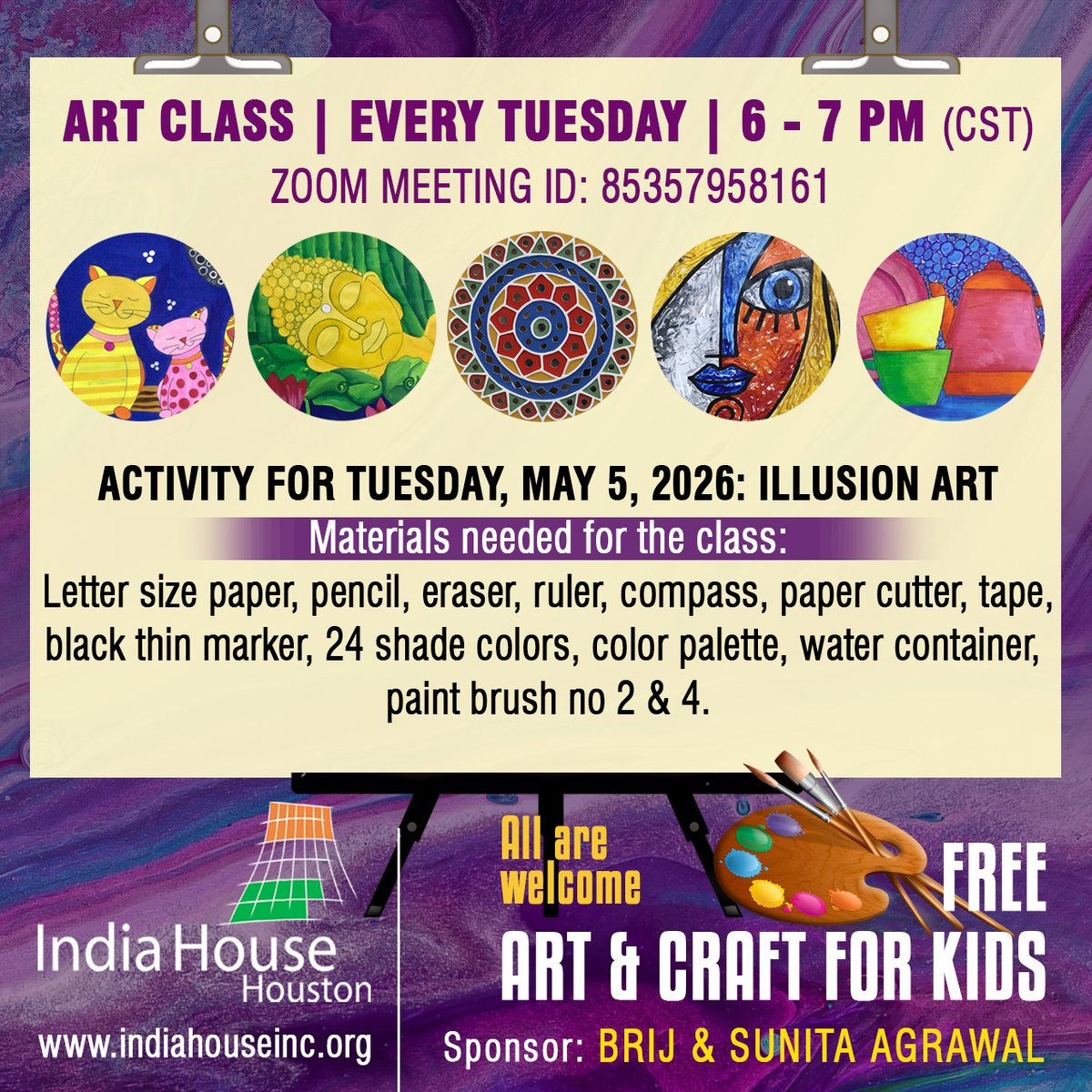 indiahouse's tweet image. See beyond the ordinary with creative illusions! 🎨✨
Join India House’s free online Art &amp;amp; Craft class every Tuesday, 6:00–7:00 pm (CST) on Zoom, for kids ages 8–14.
May 5, 2026 Activity: Illusion Art!
Know more: indiahouseinc.org/art-classes-20…

#art #kids #onlineclass