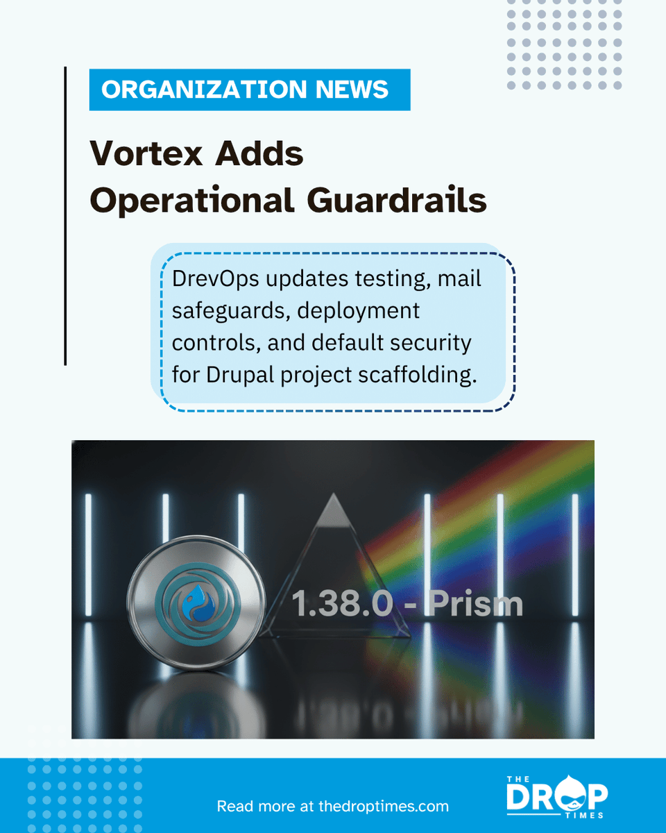 thedroptimes's tweet image. DrevOps @drev_ops  released Vortex 1.38.0 “Prism” for #Drupal project templates.

Updates include Jest testing, Reroute Email defaults, CI redeploy controls, branch-filtered notifications, security hardening, and PHP 8.4 requirements.

bit.ly/3PoK7G5 

#Vortex #DevOps