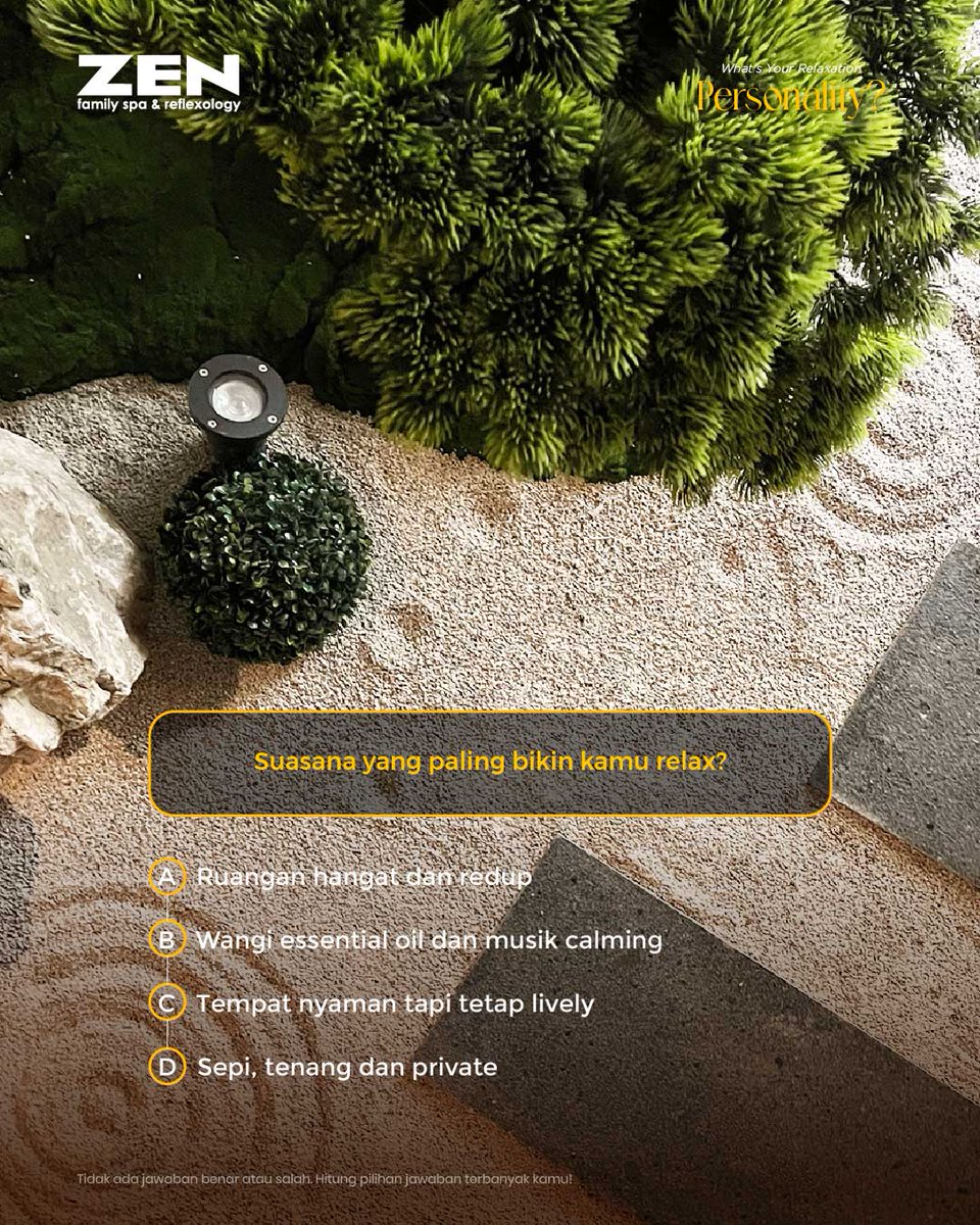 ZenFamilySpa's tweet photo. Setiap orang punya cara relax yang beda ✨ 
Dan pasti kamu belum tahu versi treatment yang paling pas, kaannn...

Ada 5 pertanyaan, hitung berapa jumlah jawaban yang kamu pilih ya! https://t.co/VrXh3kSPyM