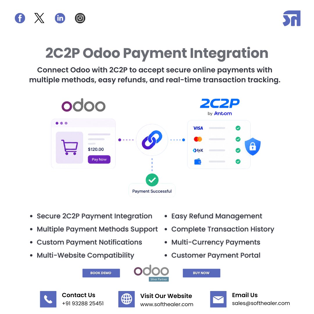 SofthealerTech's tweet photo. Still checking if the payment went through?

This Odoo module connects your store with 2C2P so you can accept online payments, manage refunds, and track every transaction from one place.

Get started: https://t.co/KTRMfP2sv5

#Odoo #2C2P #PaymentModule #eCommerce #ERP https://t.co/H48wYwes0T