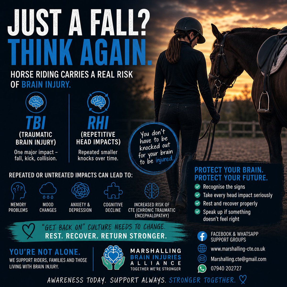 Marshalling_CTE's tweet photo. Horse riding comes with real risk — including brain injury 🧠🐎

TBI = one major impact
RHI = repeated smaller hits over time
The culture of “just get back on” needs to change.

Recognise it. Respect it. Recover from it.

#BrainInjury #Equestrian #Concussion #CTE https://t.co/n4FYOeejwl