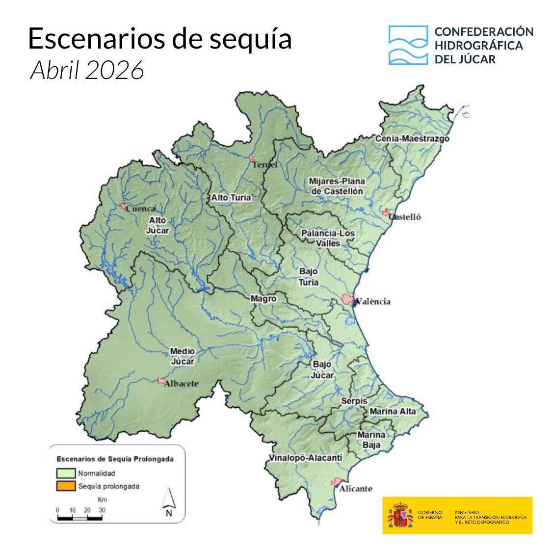 CHJucar's tweet photo. 📋Publicamos el #InformeDeSequíaCHJ de abril de 2026.

✅Mejora la situación de escasez del Vinalopó-Alacantí, que ha pasado a normalidad.

🟢Normalidad también en los valores de sequía en toda la Demarcación del Júcar.

💻 Puedes consultar el informe en: https://t.co/xgzvbu9ZpT https://t.co/9v5aNiE0dc