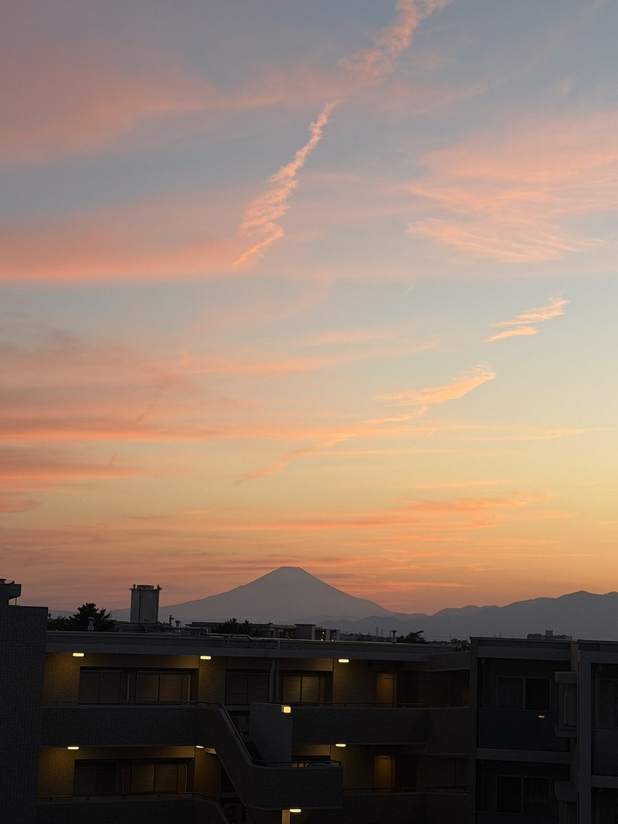 oklemon's tweet photo. 汐見台から見えた富士山と夕焼け。駅から遠いけど、確かにリゾートに来たみたいに緑と空で、眺めがよかった。花火も見える。 https://t.co/v39AdaAKCW