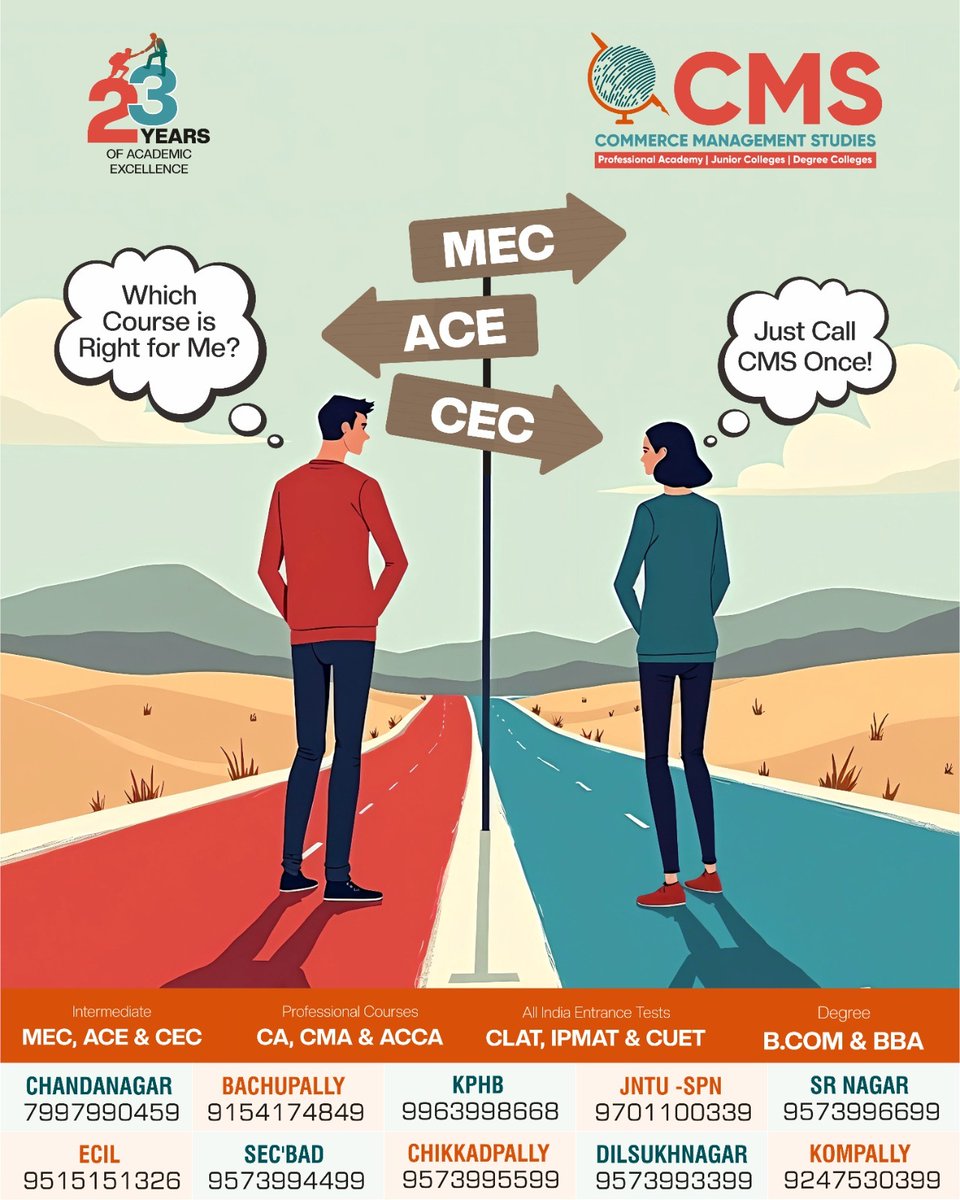 ForCms88459's tweet image. 🤔 MEC ❓ CEC ❓ ACE ❓

Confused after 10th?
📞 Call CMS &amp;amp; get a clear career roadmap
✔ CA | CMA | ACCA
✔ CLAT | IPMAT | CUET

📢 Admissions Open
📞 95739 92299
🌐 cmsforca.in
#WhatAfter10th #CMS #CareerGuidance #AdmissionsOpen