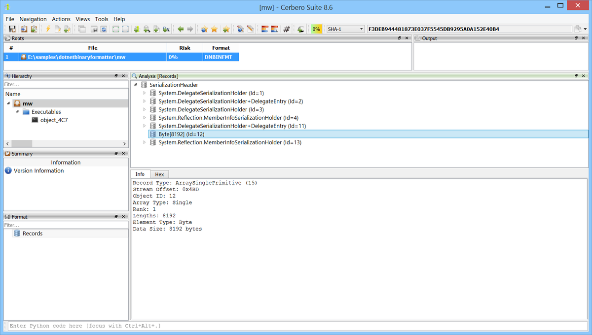 cprofiler's tweet photo. 📦 We are happy to announce support for the .NET BinaryFormatter serialization format. The new DotNET BinaryFormatter Format package replaces the old decoder with a full parser, providing reliable parsing and embedded object detection for malware analysis and forensic investigations. BinaryFormatter (System.Runtime.Serialization.Formatters.Binary.BinaryFormatter
) is a .NET binary serialization mechanism that has been widely used since the early days of .NET. It is also notoriously insecure: deserialization of untrusted data can lead to arbitrary code execution, which has made it a favored vector for .NET exploitation payloads. Malware authors frequently embed executables, shellcode, and configuration data inside BinaryFormatter byte arrays. Having native support in Cerbero Suite means analysts can safely inspect these payloads, navigate the serialized object graph, and extract embedded objects without risking code execution.