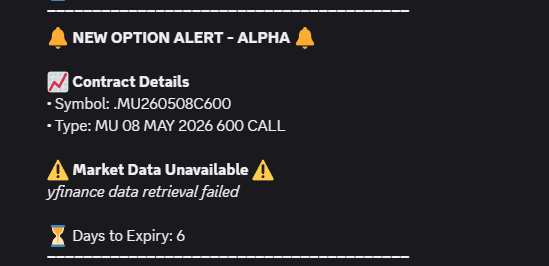 alphatradingpro's tweet photo. clean, confident, and tells the story:

$MU kept getting hammered with call flow all day yesterday… and it delivered.

We stepped in early Friday when the scanner hit. That’s where the edge is — not chasing, but positioning before the crowd sees it.

The key was simple:
flows started Friday, and they never let up. Same strikes, same direction, size kept building.
600c ran from 3.75 → 19
and the best part… they still have 4 DTE left.

This is what real positioning looks like. Not random prints — sustained intent.
If you were watching closely, the chart and the flow were telling the same story.

Join the Discord if you want to see these setups before they move.