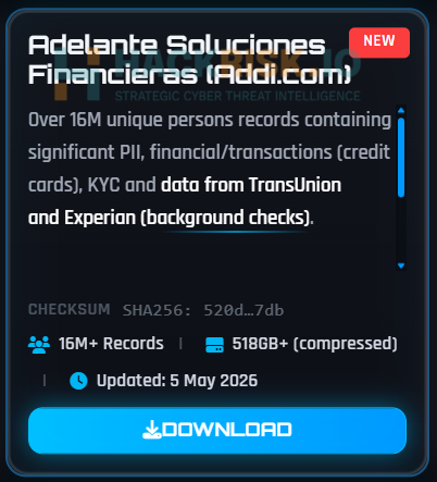 H4ckmanac's tweet photo. 🚨Cyber Alert ‼️

🇨🇴Colombia - Adelante Soluciones Financieras (Addi)

ShinyHunters claims to have breached Adelante Soluciones Financieras (Addi), exfiltrating 518 GB of data. The compromised dataset reportedly includes PII, financial and transaction data, KYC records, and data from TransUnion and Experian.

Threat actor: ShinyHunters
Sector: Financial / Insurance
Data exposure (claimed): 518 GB of data
Data type: Personal and financial data
Observed: May 05, 2026
Status: Pending verification
ESIX©: 7.42

Full details and impact assessment on https://t.co/eB7qgxKFAa