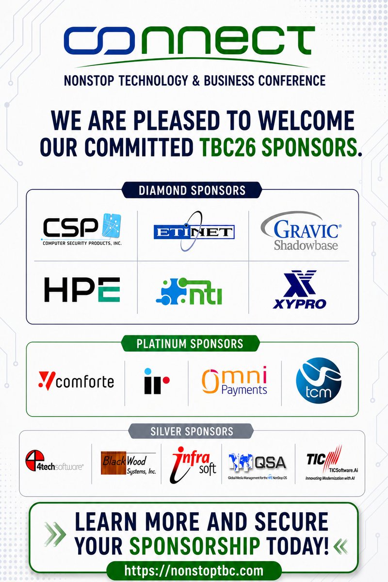 Connect_WW's tweet photo. Connect welcomes our newest Nonstop Technology &amp; Business Conference Sponsors. 
Learn more about sponsoring the annual signature event bridging mission-critical technology with the future of global innovation. 
https://t.co/CRIEbToNF0
#nonstoptbc2026 #hpenonstop #fintech https://t.co/6nLZAu6PiN
