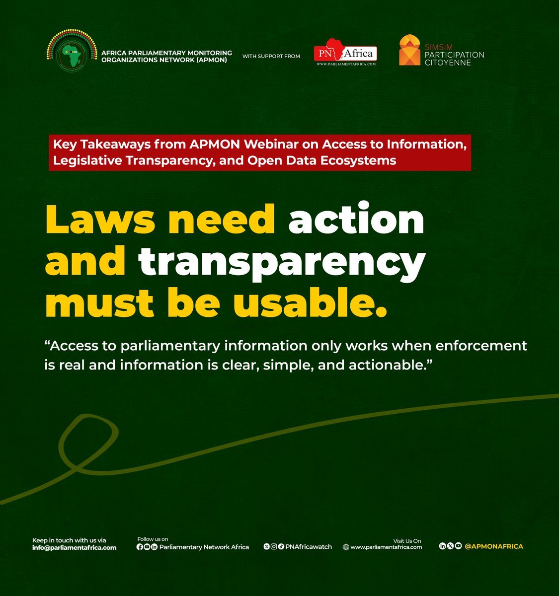 PNAfricawatch's tweet photo. Key insights. Real conversations. Lasting impact. 📷
Catch highlights from the APMON webinar on access to information, legislative transparency, and open data—driving the future of open governance in Africa.
#OpenParliament #AccountabilityMatters #democracy #APMON https://t.co/ebt0PuJ8rg