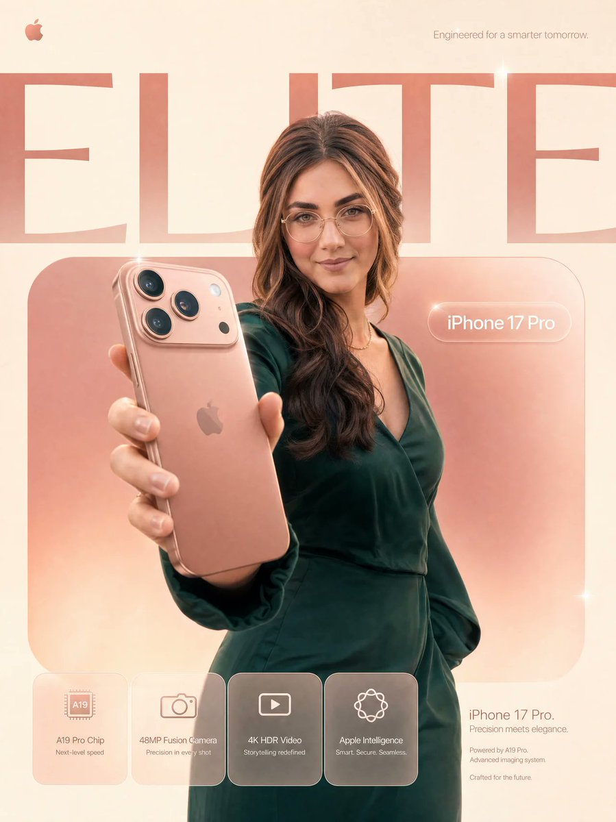 AIwithAliya's tweet photo. Which phone do you use?

GPT Image 2 

Prompt 

Create a premium Apple-style smartphone advertisement poster in 4:5 vertical format, ultra-high resolution, with a clean, modern, global campaign aesthetic.
Scene & Composition
A minimal soft ivory studio background with a large rounded rectangular gradient panel in rose-gold to blush pink, placed slightly off-center behind the subject. The gradient should feel luminous and diffused, not flat.
In the background, integrate oversized typography:
“ELITE”
very large, partially cropped by frame edges
warm rose tone, slightly deeper than the gradient panel
soft shadow and subtle dimensional depth
Subject (Female Model)
A stylish young female model:
soft wavy dark brown hair
natural glowing skin
subtle makeup with defined eyes
thin gold-frame glasses
Expression & Pose:
calm, self-assured, composed expression
direct eye contact
shot from a slightly low angle
one hand extended toward the camera holding the phone
body slightly turned for depth and elegance
Outfit:
deep emerald green silk dress (changed color)
smooth texture with soft highlights
minimal jewelry (fine gold chain or ring)
Product (Hero Focus)
iPhone 17 Pro – Rose Titanium finish
placed in extreme foreground using forced perspective
slightly tilted to emphasize camera system
Details:
ultra-realistic triple camera lenses
precise reflections and layered glass depth
brushed titanium edges with soft highlights
subtle Apple logo reflection
refined material realism (premium, not glossy plastic)
Lighting
Soft, premium lighting setup:
key light from front-left (clean skin tones, soft glow)
warm rim light from right (gentle edge separation)
subtle pink/rose bounce from background
soft shadows with smooth falloff
UI & Graphic Elements
small Apple logo (top left)
“Engineered for a smarter tomorrow.” (top right, thin font)
floating glass-style pill: “iPhone 17 Pro”
2–3 subtle sparkle accents
very fine film grain for realism
Bottom Section (Features)
Four rounded glass cards with minimal icons:
A19 Pro Chip
Next-level speed
48MP Fusion Camera
Precision in every shot
4K HDR Video
Storytelling redefined
Apple Intelligence
Smart. Secure. Seamless.
Bottom Right Text
iPhone 17 Pro. Precision meets elegance.
Powered by A19 Pro. Advanced imaging system.
Crafted for the future.
Camera & Render Feel
50mm lens aesthetic
shallow depth of field
slight natural lens distortion
HDR lighting
ultra-real textures (skin, silk, metal, glass)
Overall Direction
Make it feel like:
captured in a real high-end studio
effortlessly premium
refined, modern, and human
Nothing should feel overdesigned or artificial.