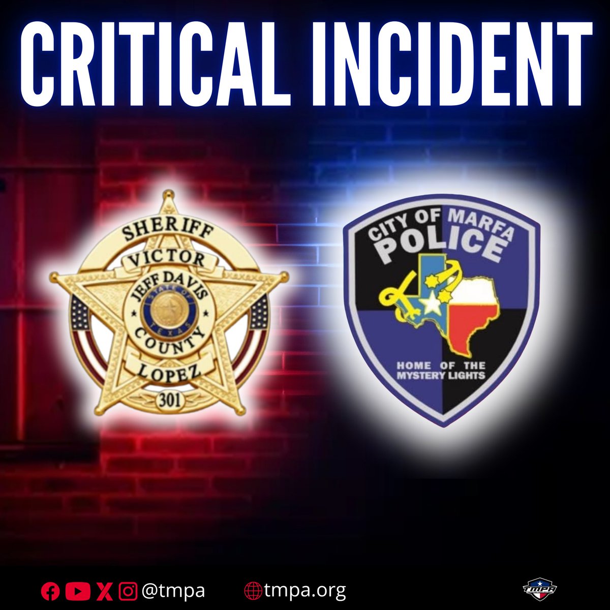 TMPALegislative's tweet photo. 🚨CRITICAL INCIDENT🚨
Yesterday, TMPA Regional Attorney Raoaa King responded to assist our members with the Marfa Police Department and Jeff Davis County Sheriff’s Office following an officer involved shooting.

Thankfully, no law enforcement has been reported injured.

#TMPA https://t.co/uetPArsilU