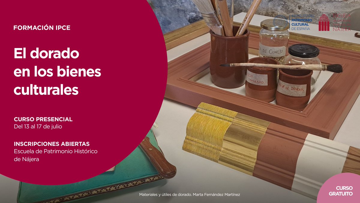 ipcepatrimonio's tweet photo. ¡Nuevo curso! ‘El dorado en los bienes culturales’

📅 13 al 17 julio 2026
📍Escuela de Patrimonio Histórico de Nájera (presencial)

🔗 Plazas limitadas. Info en: https://t.co/WBxYzuBXDJ https://t.co/gKiAgFXmr8