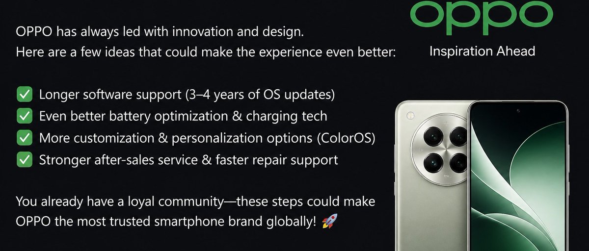 VyNexis_0's tweet photo. Hey @oppo
You’ve built a strong reputation with design and camera innovation, but here are a few real improvements that would make your devices even better:
I will list them on the photo ✨
Keep pushing forward 🚀
#OPPO #ColorOS #Tech #Smartphones #UserExperience https://t.co/a7FbCXg9qo