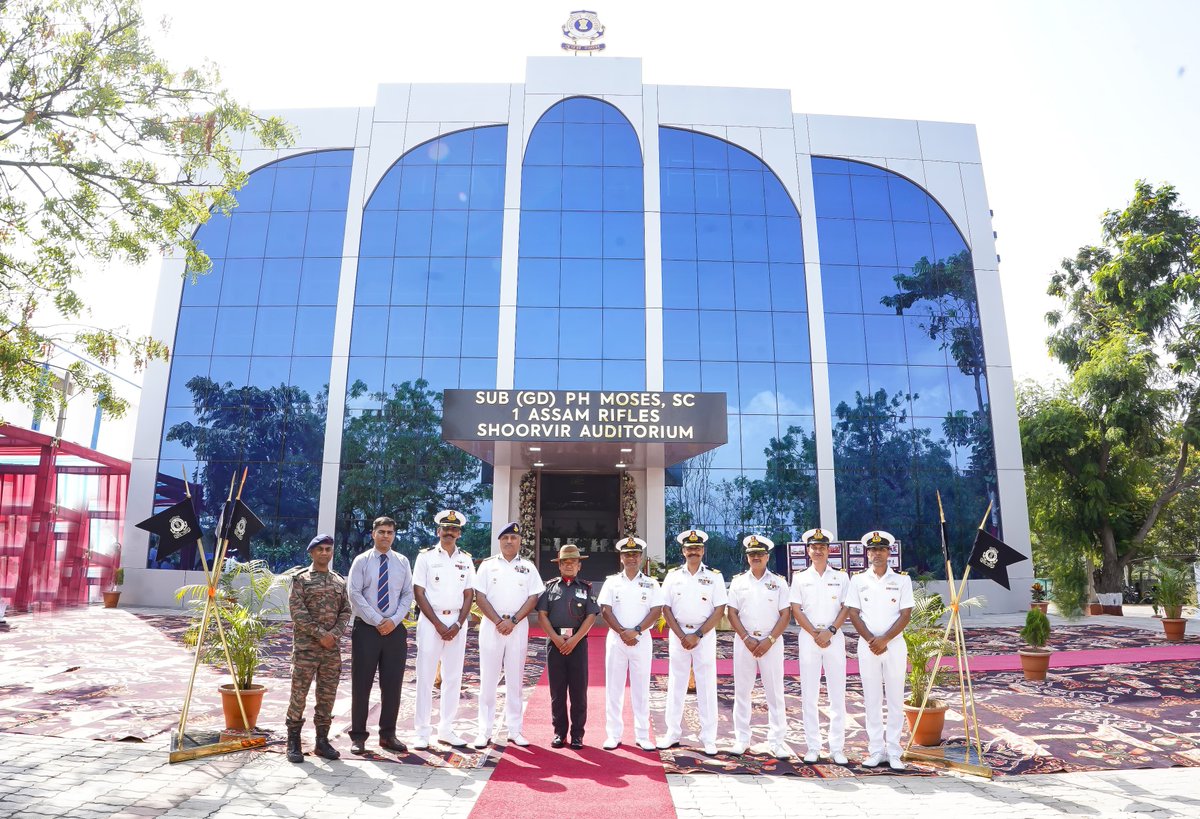 IndiaCoastGuard's tweet photo. SUB (GD) P H MOSES, SC “SHOORVIR AUDITORIUM” at @IndiaCoastGuard Air Station #Daman was inaugurated on 05 May 2026 by #Subedar (GD) P H Moses, #ShauryaChakra of 1 Assam Rifles in the presence of Inspector General Bhisham Sharma, PTM, TM, #COMCG (West). The event stands as a symbol of strengthening ties and camaraderie between the Assam Rifles and the Indian Coast Guard. With a seating capacity of 300, the modern facility will host seminars, service lectures, and flight safety sessions, enhancing welfare and morale for service personnel and their families, while serving as a hub for institutional and community engagement.
#IndianCoastGuard #AssamRifles
@official_dgar