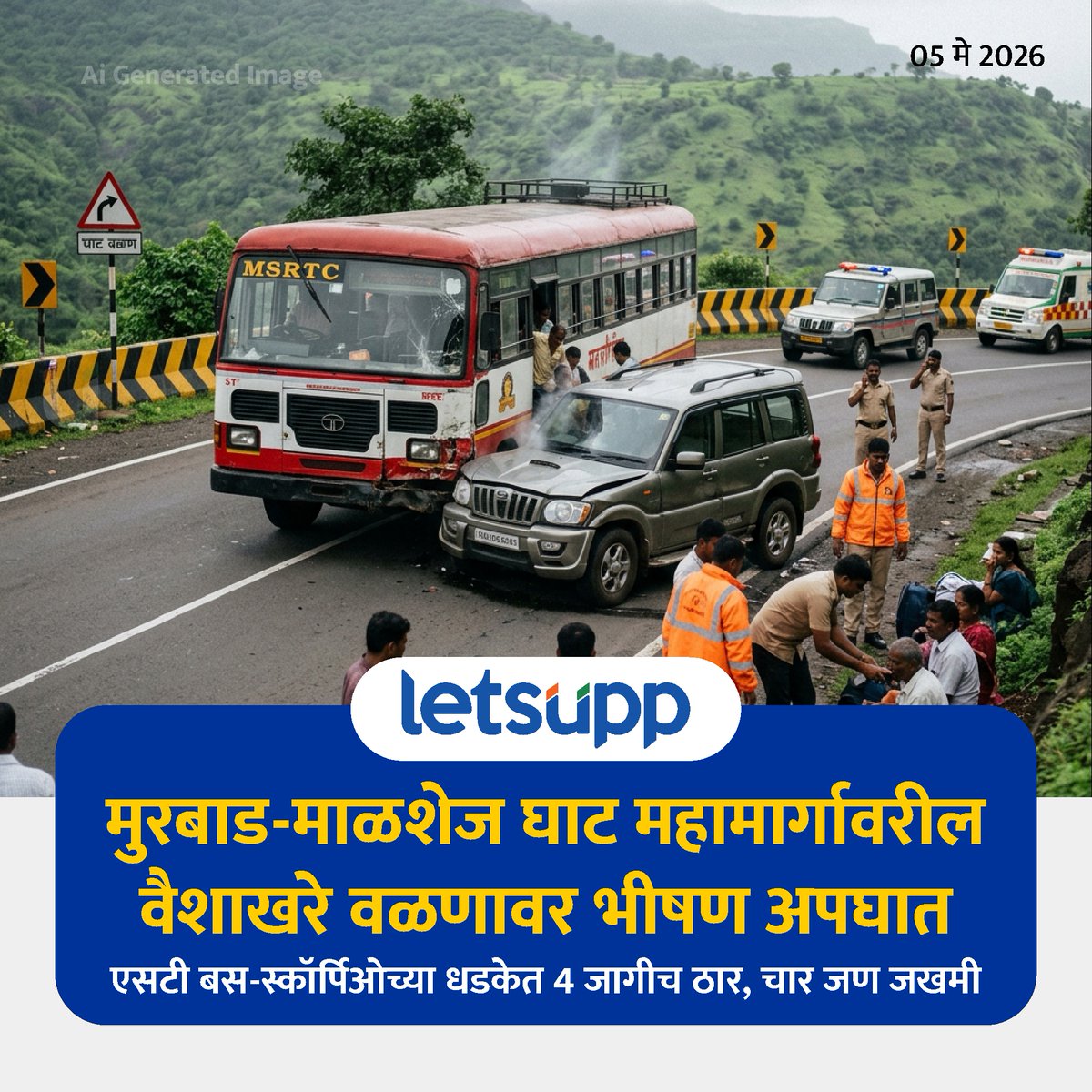 LetsUppMarathi's tweet image. मुरबाड-माळशेज घाट महामार्गावरील वैशाखरे वळणावर आज सकाळी भीषण अपघात घडला. एसटी बस आणि स्कॉर्पिओ कारची समोरासमोर जोरदार धडक होऊन 4 जणांचा मृत्यू झाला आहे. 
-
#murbadmalshejghat #busscorpioaccident #Accident #BusAccident  #BreakingNews #Maharashtra #LetsUppNews #LetsUppMarathi