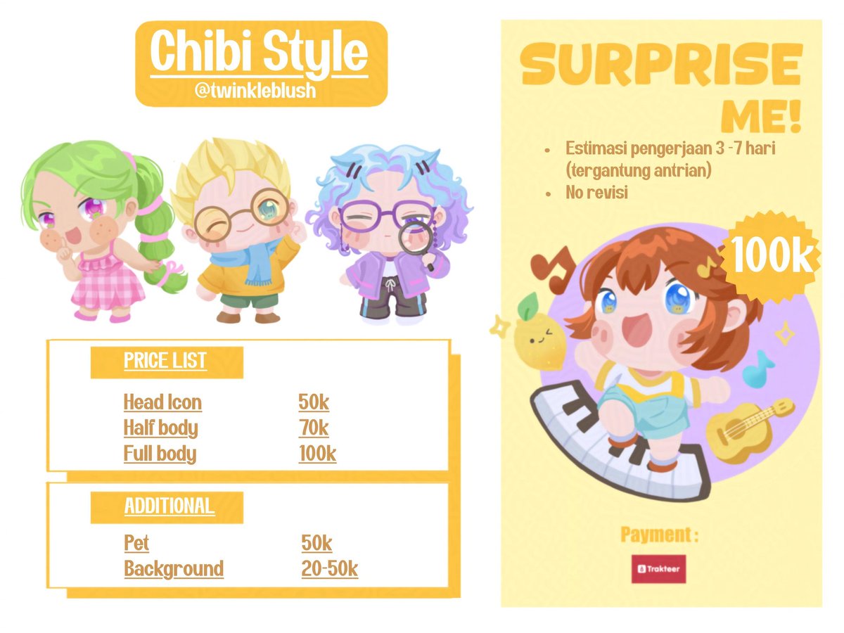 twinkleblush's tweet photo. ✨UPDATE✨ 

Open Commis Anime &amp; Chibi style
(Local only!)

Sample bisa cek di #twinkleblush_result
Antrian dan progress komis bisa cek trello di bio yaa
Yg mau tanya2 boleh dm aja😉✨
(Plis mention after dm)
#opencommission #opencommis https://t.co/rDNbpwbB6d