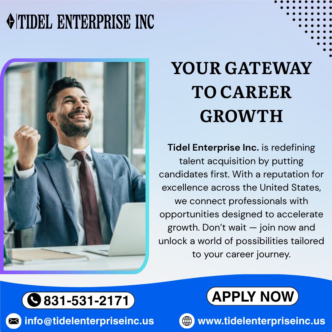 Tidelenterprise's tweet photo. At Tidel Enterprise Inc., we empower professionals to discover opportunities that align seamlessly with their expertise and ambitions. Connect with us today and take the first step toward building a career.

Call Now: +1 (831) 531-2171
Visit Us: https://t.co/qwlu0Mh3xR

#stem https://t.co/iXuOEmvPYD
