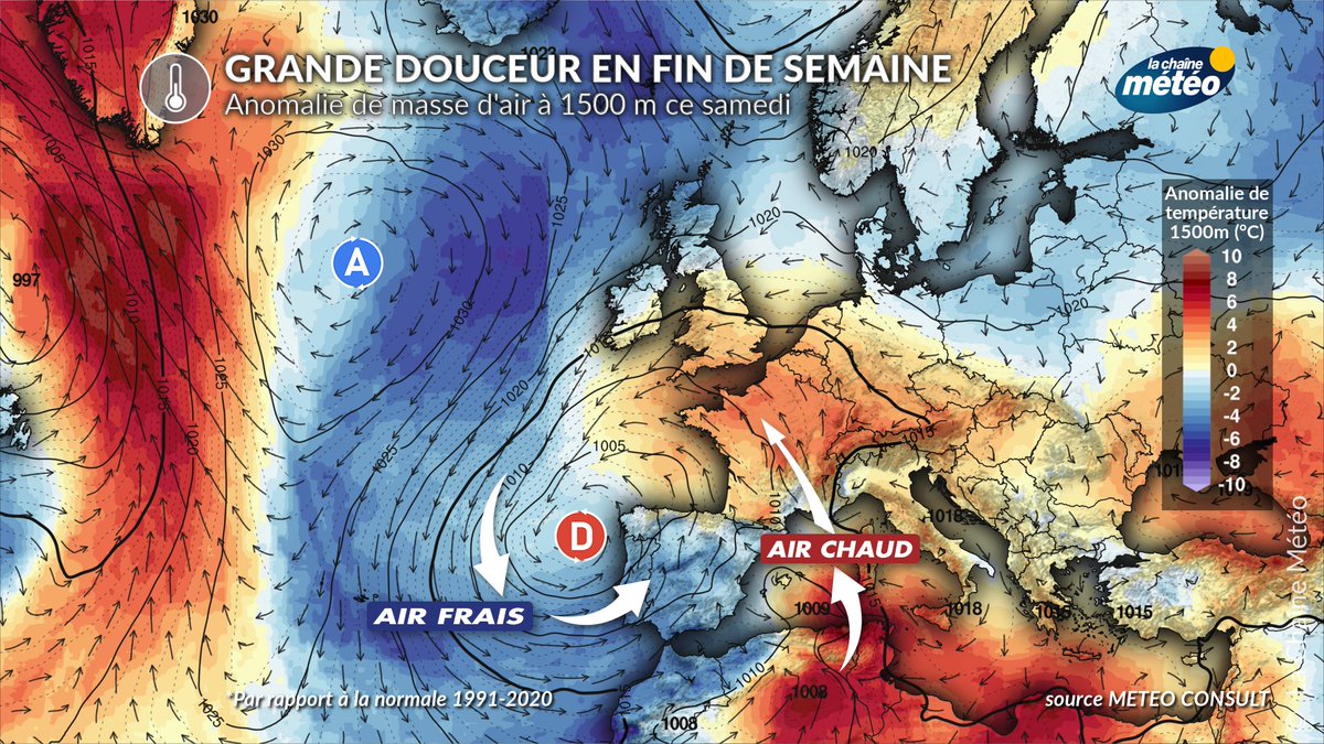 lachainemeteo's tweet photo. ☀️⛈️En lien avec la #goutte #froide, de l'air doux va venir samedi en France, avec des #températures en nette hausse. Néanmoins, un conflit de masses d'air va s'opérer, avec des #orages samedi dans l'ouest, qui se généralisent dimanche : une situation à surveiller de près. https://t.co/IprKaunblw