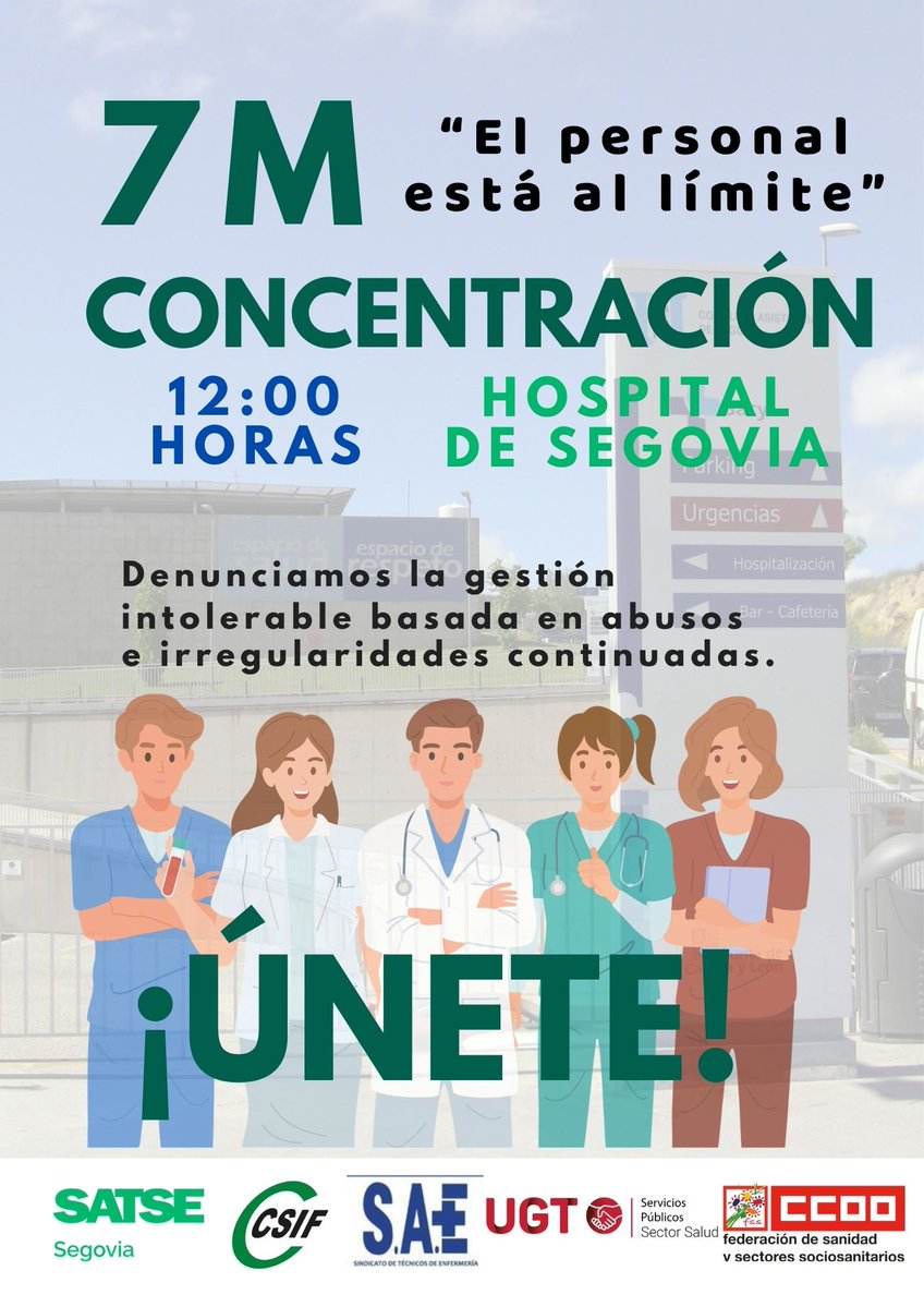 CSIFSan_Segovia's tweet image. 📢 El personal del Hospital de Segovia está al límite.

🗓 7M
🕛 12:00 h
📍 Hospital de Segovia
Denunciamos abusos, irregularidades y vulneración de derechos.
👉 Súmate. Difunde. Participa.

#CSIF #HospitalDeSegovia #Segovia #SanidadPública #ElPersonalEstáAlLímite
