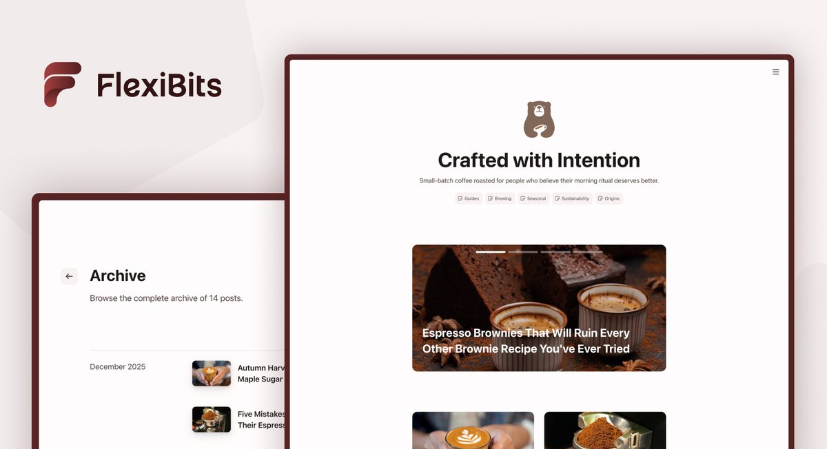 thefinebits's tweet photo. FlexiBits is officially out today. 🎉

The second Ghost theme from theFineBits, built for blogs AND focused landing pages.

Here's what makes it different 👇 https://t.co/zu80lZpS1D