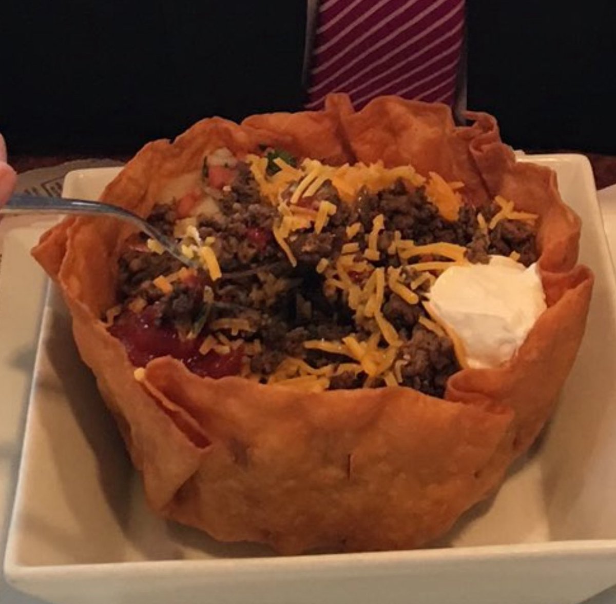 JC_Franklins's tweet photo. I’ve never noticed until today that Trump eats his taco bowls with just meat and cheese and a scoop of sour cream with a little bit of salsa. No rice, no lettuce. https://t.co/y1MUIUCGNz