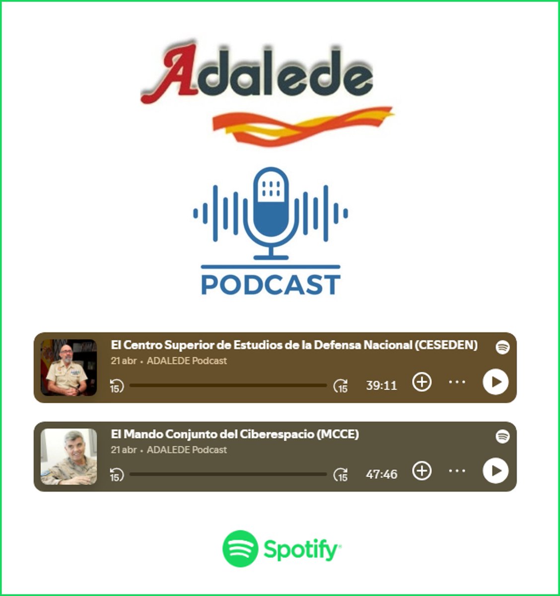 adalede1's tweet photo. 🎧Podcast de ADALEDE. Hemos puesto en marcha un canal de contenidos para difundir la cultura de #Defensa @SpotifySpain 📲 Accede a los dos primeros episodios @CESEDEN_OFICIAL @EMADmde, entrevistas realizadas por Yago Rodríguez @cosasmilitares0 👉 https://t.co/hCqJnDY49G https://t.co/KVupsrqxYq