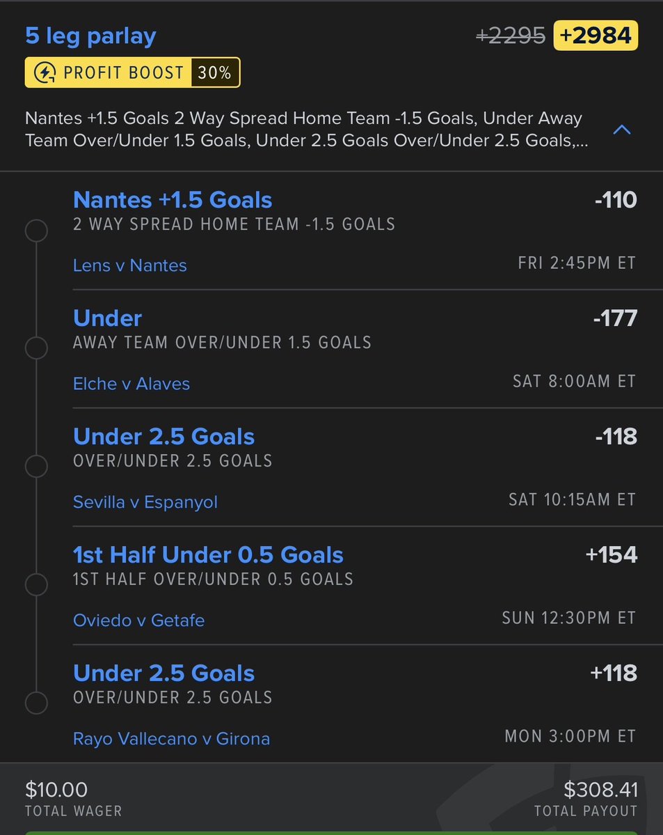 GhostEVplays's tweet image. ⚽️ FanDuel Soccer Parlay Boost

⚽️ +2984 (FV +2404.14)
+EV: 23.05%
Playing: 0.06 Unit Promo Max

#fanduel #sports #soccer #laliga