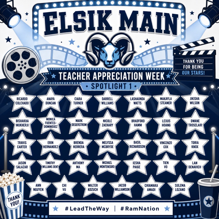 ElsikHighSchool's tweet image. 🎬✨ Teacher Appreciation Week – Spotlight 1 ✨🎬
Elsik Main is rolling out the red carpet for our amazing teachers! 🌟 Thank you for your dedication, passion, and impact on our Mighty Rams. You are the stars who make it all happen every day! 💙

#LeadTheWay #RamNation
