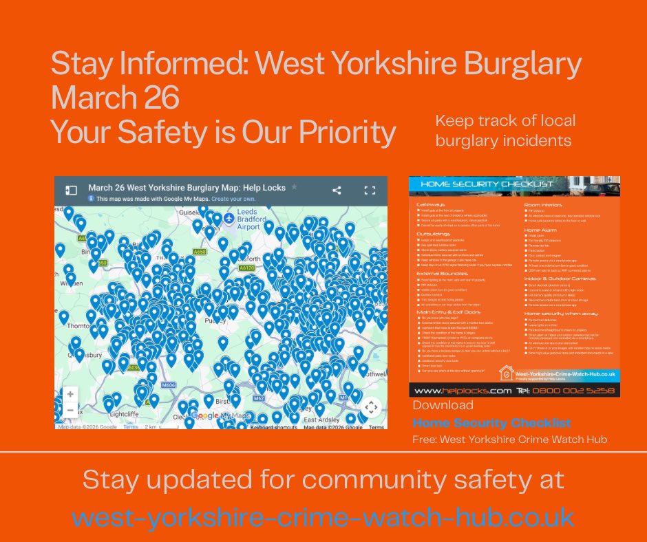 HelpLocks's tweet photo. View the West Yorkshire March 26 Burglary map &amp; download our free Home Security checklist here: https://t.co/jS9d5vhDZ4

View police approved security products here: https://t.co/CCeDSl5AFy

View our range of bike/bicycle locks here: https://t.co/BpG8MgtkX0 https://t.co/j91nJ0ZQRw