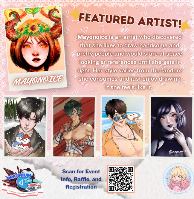 TeArEventsPH's tweet photo. 💎Originium Tea Time!

🎨Featured Artist Spotlight: @mayo_noice 

Catch her other Socials:
✖️: https://t.co/IiTfdx94bm
🔷: https://t.co/XjGlvmfmOO
🖼️: https://t.co/3fsLwVGXcv

📷Scan the QR Code or Register here:
👉 https://t.co/DE8qOza58c https://t.co/CZqLF97uh6