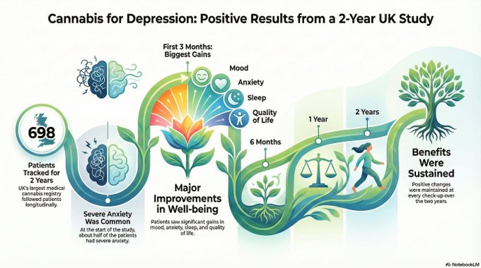 marclanders's tweet photo. Can cannabis help with Depression?

698 depression patients saw MAJOR improvements in mood, anxiety, sleep & quality of life over 2 FULL YEARS! 

Patients reported clear improvements in depression, anxiety, sleep, and overall quality of life at every check-up point compared to when they started (and these changes were highly statistically significant).    

The biggest improvements usually happened in the first 3 months.   

 At the start, about half the patients had severe anxiety along with their depression (the two problems were strongly linked).

https://t.co/wJBAWRIZga