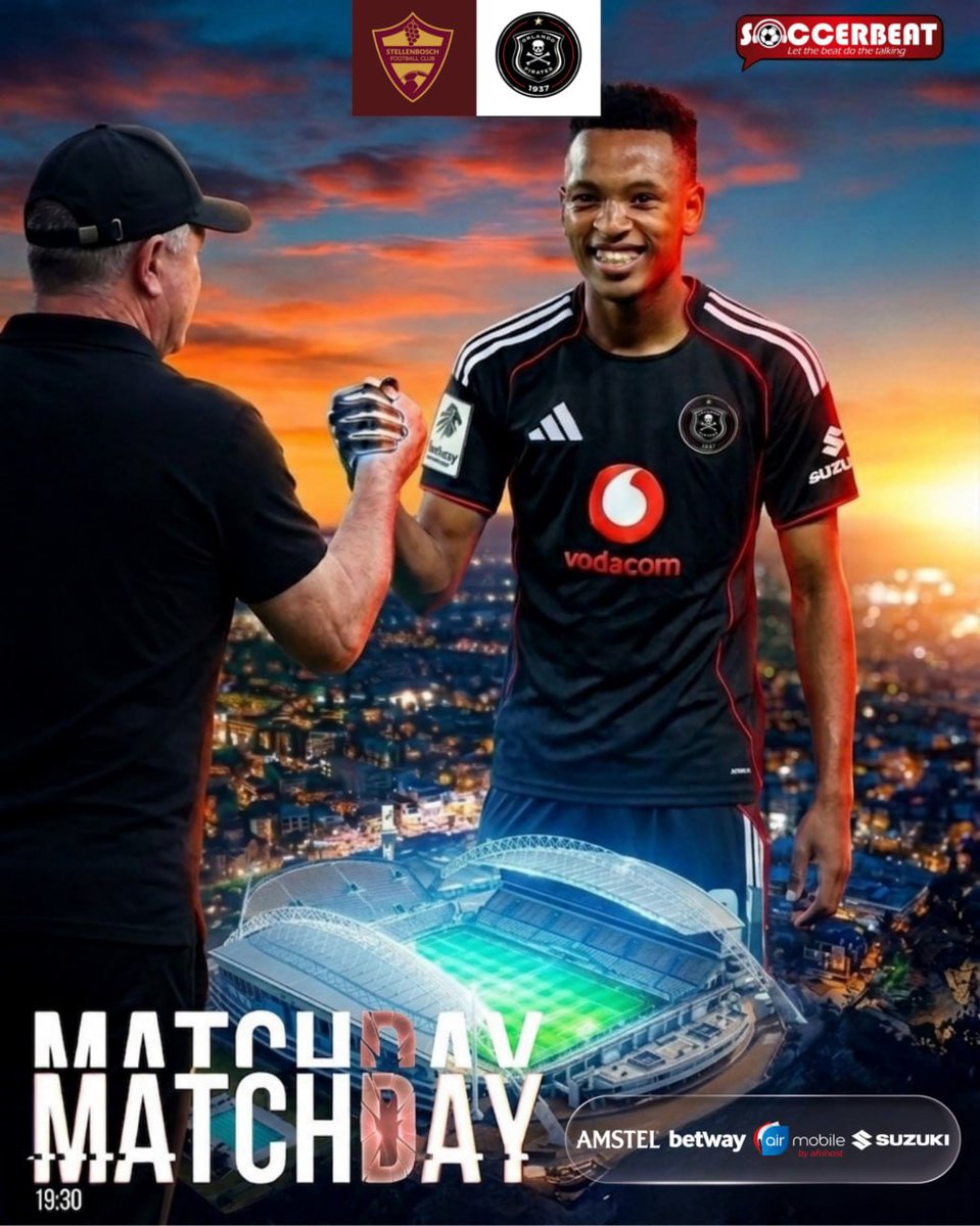 SoccerBeatZA's tweet image. 🚨MATCHDAY! ⚽️
 
🍇 Stellenbosch vs ☠️Orlando Pirates
🏟️ Athlone Stadium
🏆 Betway Premiership
⏰: 19:30

Can the Bucs keep their title hopes alive? 🤔

#OrlandoPirates #GoldenHour #Amstel #BetwayPrem #AirMobile #SuzukiSA