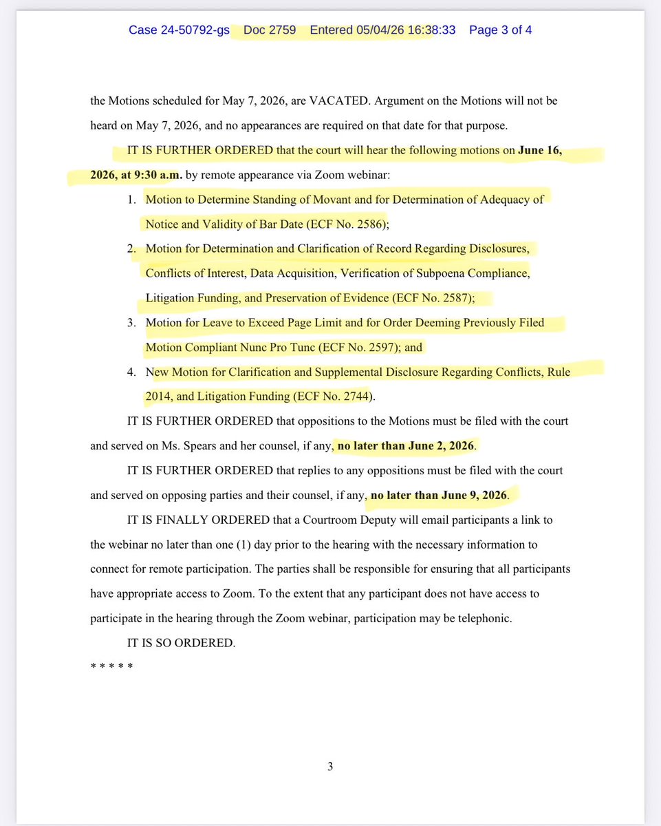 $MMAT | In re Meta Materials Inc.
U.S. Bankruptcy Court – District of Nevada
Order Entered: May 4, 2026 | Doc 2759 (The same day the Emergency Motion was filed.)
⚠️Not Legal Advice

Danielle Spears filed multiple motions and tried to force them onto the May 7 hearing. The Court’s