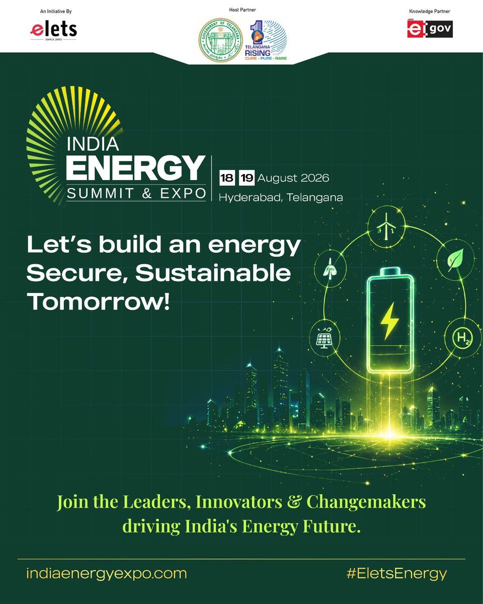 egovonline's tweet image. India’s energy journey is at a turning point 

A secure, sustainable future needs collaboration across leaders, innovators &amp;amp; policymakers.

Join the India Energy Summit &amp;amp; Expo 2026
Hyderabad | 18–19 Aug

Register: indiaenergyexpo.com

#EnergyTransition #EletsEnergy