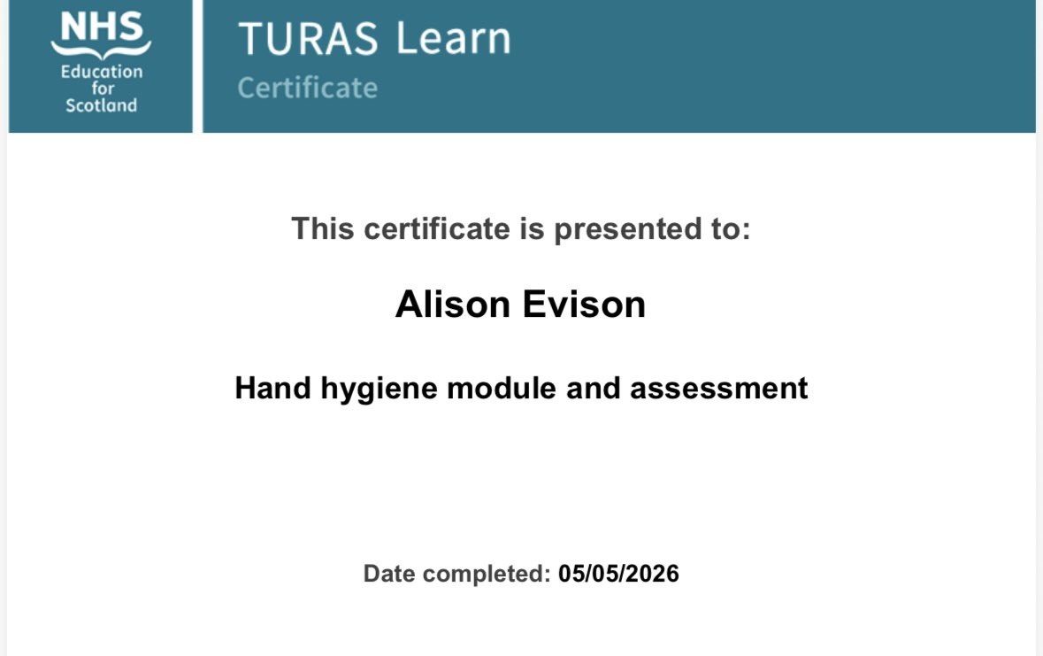 AlisonEvison's tweet photo. Just renewed my hand hygiene certification this World Hand Hygiene Day #ActionSavesLives 
Every hand hygiene moment matters for staff, the people we care for and visitors across our services.
Is your certification up to date? @NHSGrampian https://t.co/SIG0ErzFpa