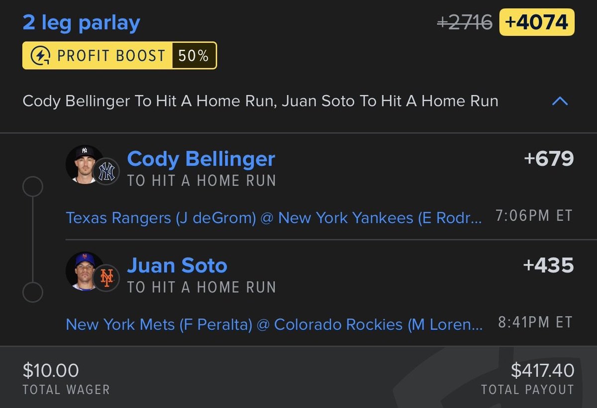 GhostEVplays's tweet image. ⚾️ FanDuel MLB Home Run Boost

⚾️ +4074 (FV +2675.81)
+EV: 50.26%
Playing: 0.06 Unit Promo Max

#fanduel #sports #mlb #baseball
