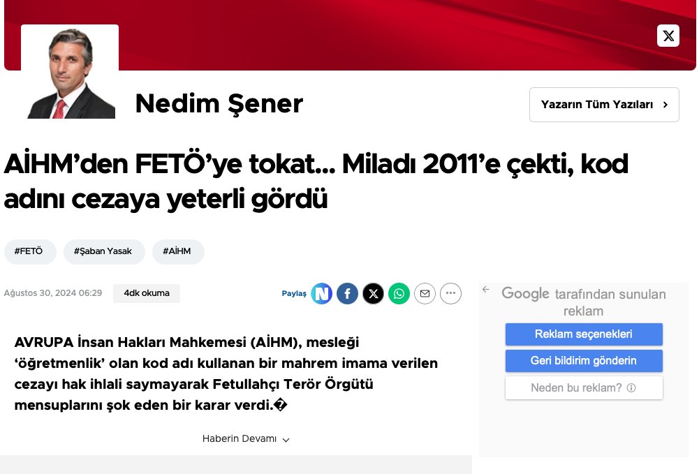Avrupa İnsan Hakları Mahkemesi <a href="/ECHR_CEDH/">ECHR CEDH</a>, KHK'lı Şaban Yasak ile ilgili 30 Ağustos 2024'te yazı yazan Nedim Şener ve türevlerine TOKAT GİBİ CEVAP VERDİ.

tr724.com/aihm-merakla-b…