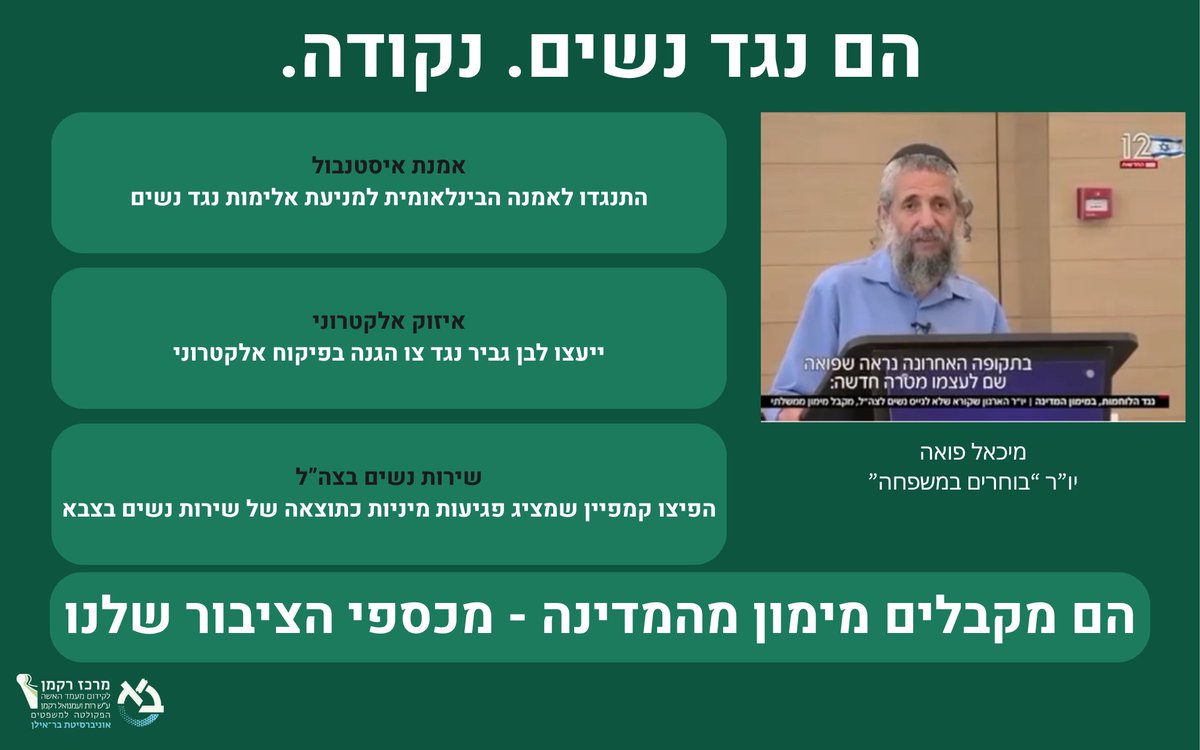 RackmanCenter_'s tweet photo. עו"ד שלי בלאט זק, מנכ"לית מרכז רקמן:

"בוחרים במשפחה" פועל בקו אידיאולוגי עקבי — נגד אמנת איסטנבול, נגד האיזוק האלקטרוני, ועכשיו נגד שירות נשים בצה"ל.
ואת זה המדינה מממנת. "
@michalpeylan https://t.co/8T7Ha3wUBw