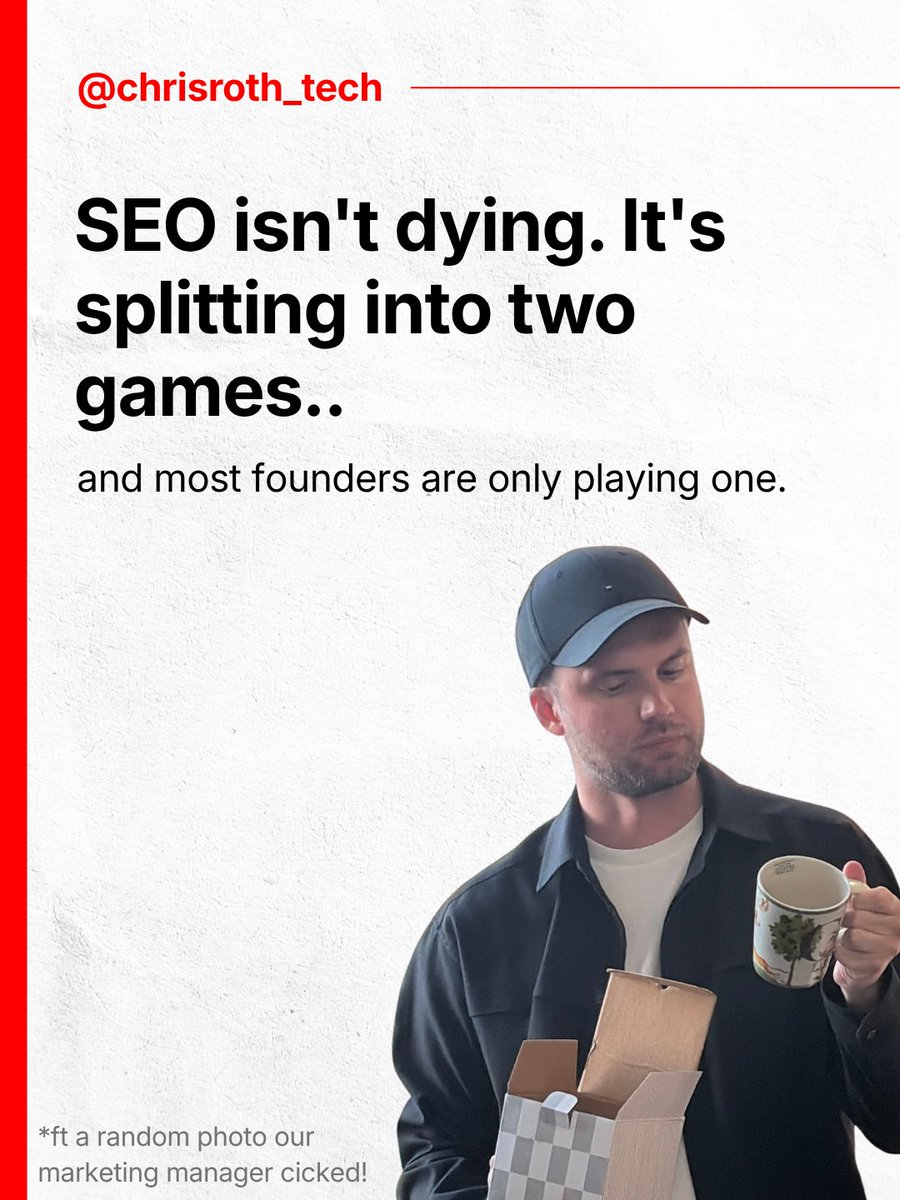 chrisroth_tech's tweet photo. I don't think SEO is dying. I think It's splitting into two games, but most founders are only playing one.

Google still drives clicks. But ChatGPT, Perplexity, and AI Overviews are now answering questions your customers used to Google. 

If your content isn't structured to show up in both places, you're leaving visibility on the table.

The brands winning right now aren't choosing between Google and AI search. 

They're writing content that ranks on Google AND gets cited when someone asks an AI tool "what's the best [thing you do]."

That requires a different approach. 

- Clear, direct answers to specific questions. 
- Content built around how people actually talk, not just how they type into a search bar. 
- Structure that works for crawlers and LLMs at the same time.

This doesn't mean you need to scrap what's working. Just build on top of it.

@rankrealizer handles both- built by actual SEO experts, not vibe-coded AI. It does the heavy lifting of creating content for you so a three-person team can compete without hiring an agency.

So, start thinking about what questions your customers are asking AI tools about your product.

#seotips