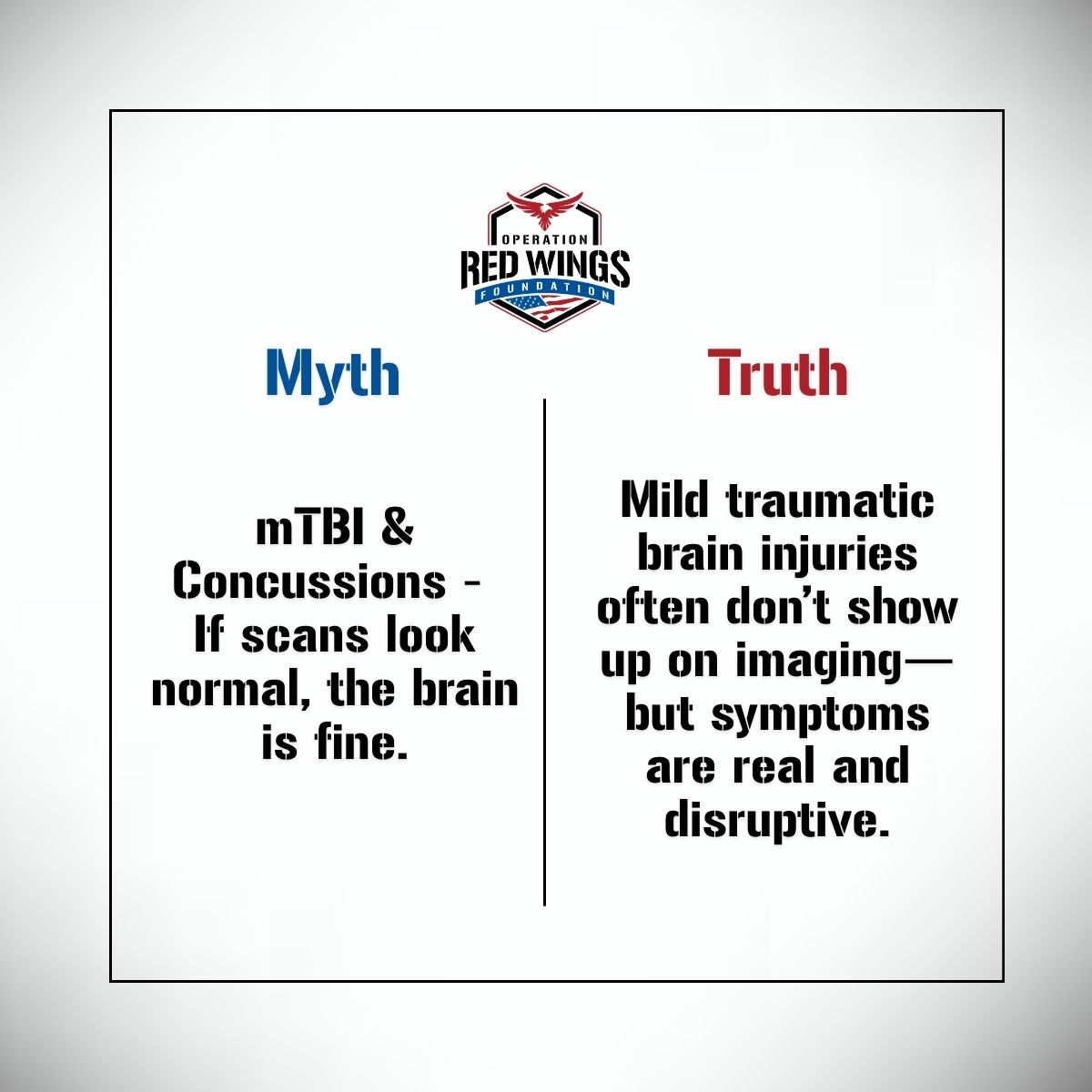 ORW_Foundation's tweet photo. MYTH: Normal brain scans mean no injury.

TRUTH: Mild traumatic brain injuries can hide from imaging but still disrupt life. 

ORWF supports recovery for these invisible wounds.

#fact #myth #mythbuster #veterans #wellness https://t.co/4YFn1Y6r6D