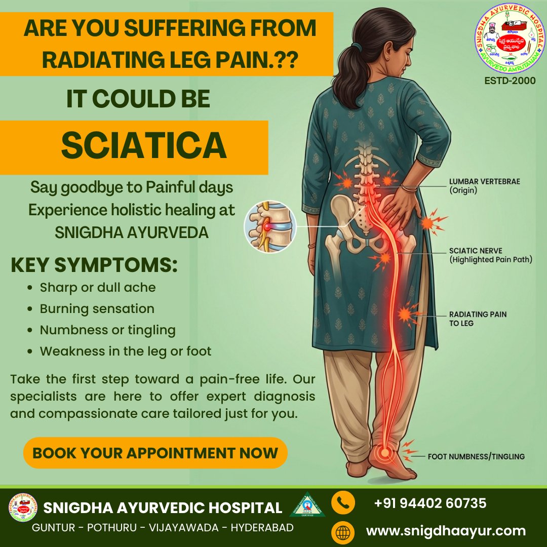 AyurSnigdha's tweet image. Don't let #Sciatica keep you down! 🧘‍♂️✨

Experience relief through authentic #Ayurveda at Snigdha Ayurvedic Hospital. From Kati Vasti to specialized Vata-balancing therapies, we help you walk pain-free again.

📍 Guntur | Pothuru | Hyd | Vijayawada
Book your consultation today!