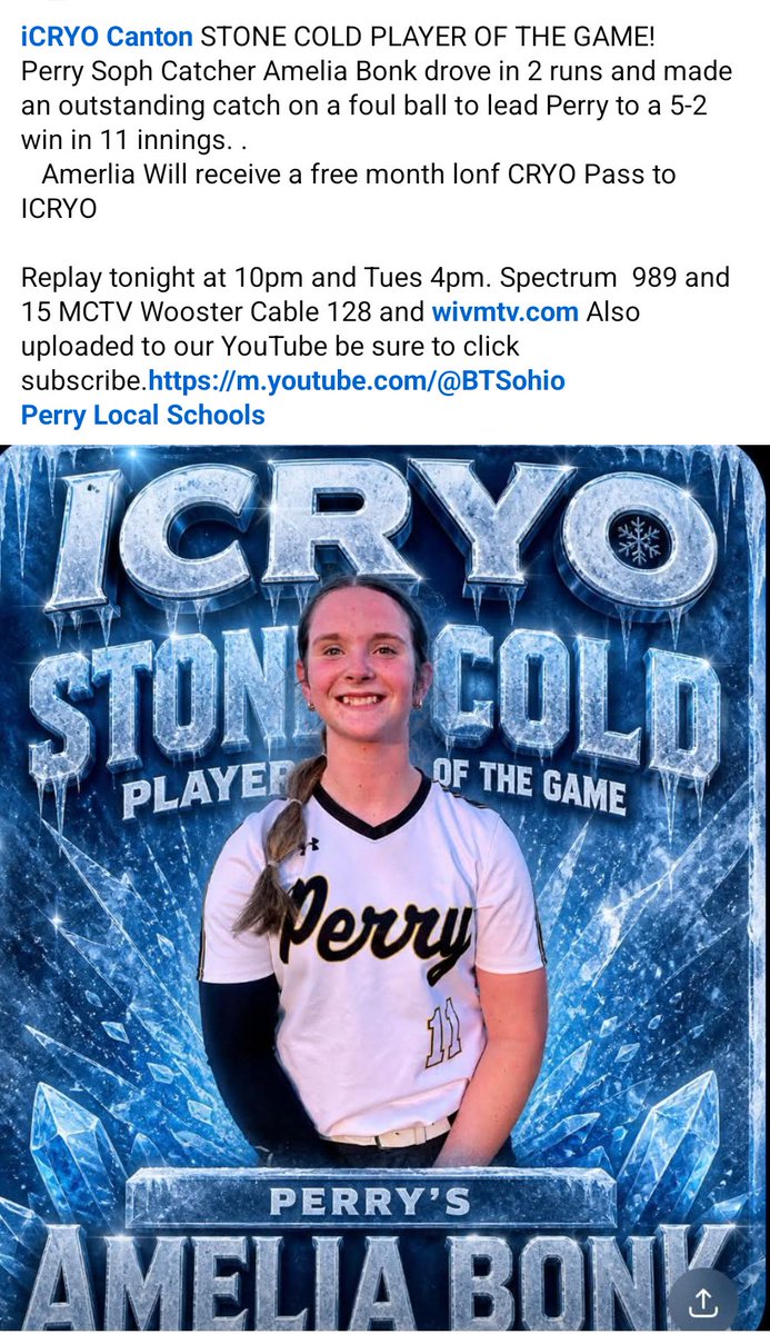 btsohio's tweet photo. Perry's Amelia Bonk ICRYO STONE COLD PLAYER OF THE GAME!!!! Amelia will receive a Free Month Long Cryo Pass to ICRYO in Canton https://t.co/5aIkSYYRay