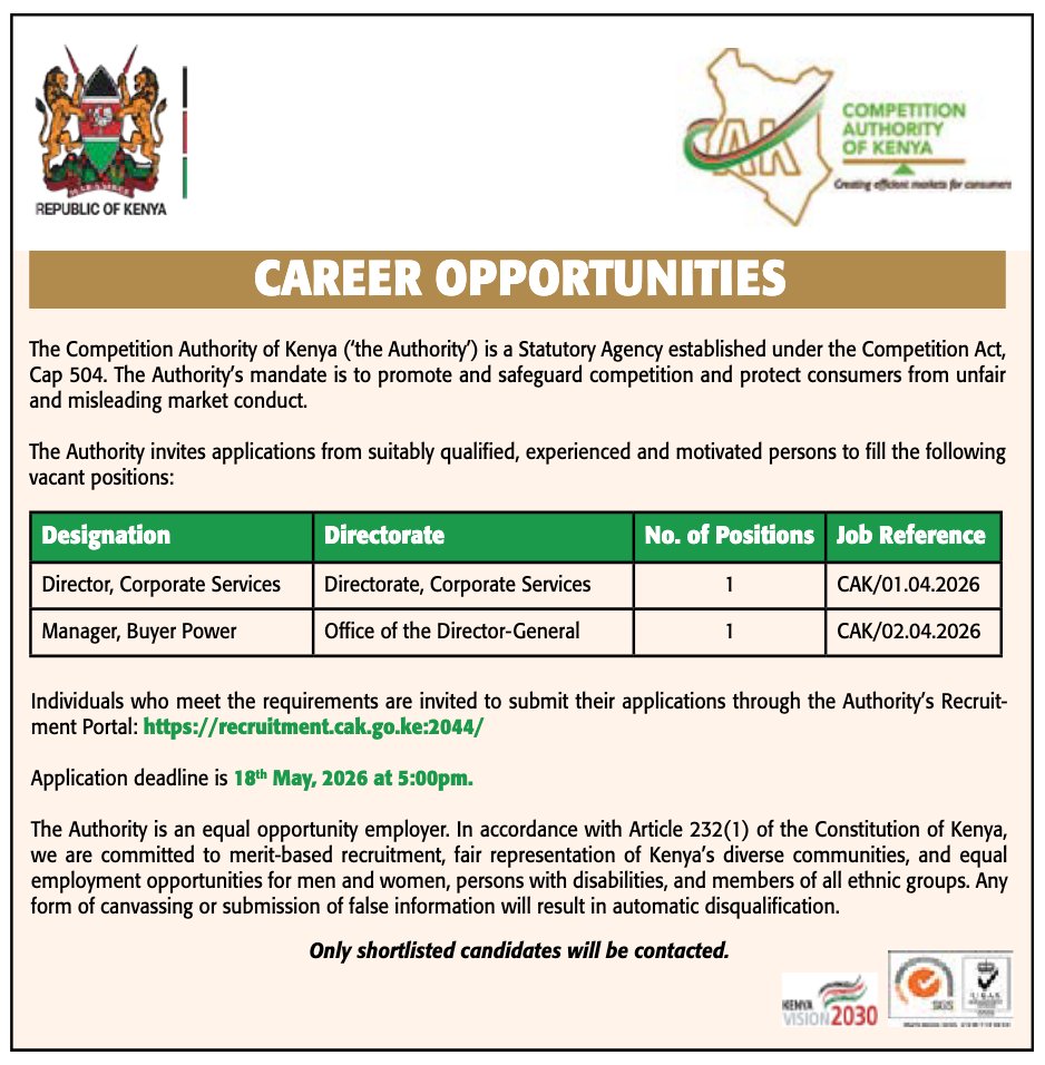 mmnjug's tweet photo. #IkoKaziKE: Vacancies at @CAK_Kenya https://t.co/EEMcrndvbZ