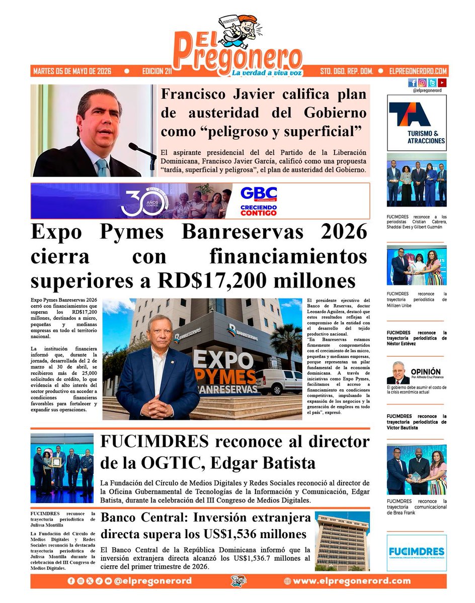 fucimdres's tweet photo. Esta es la portada de El Pregonero de este martes 5 de mayo, 2026.

https://t.co/fEdyoyz6Gk 
#ElPregoneroRD https://t.co/1MUlKLHU0K