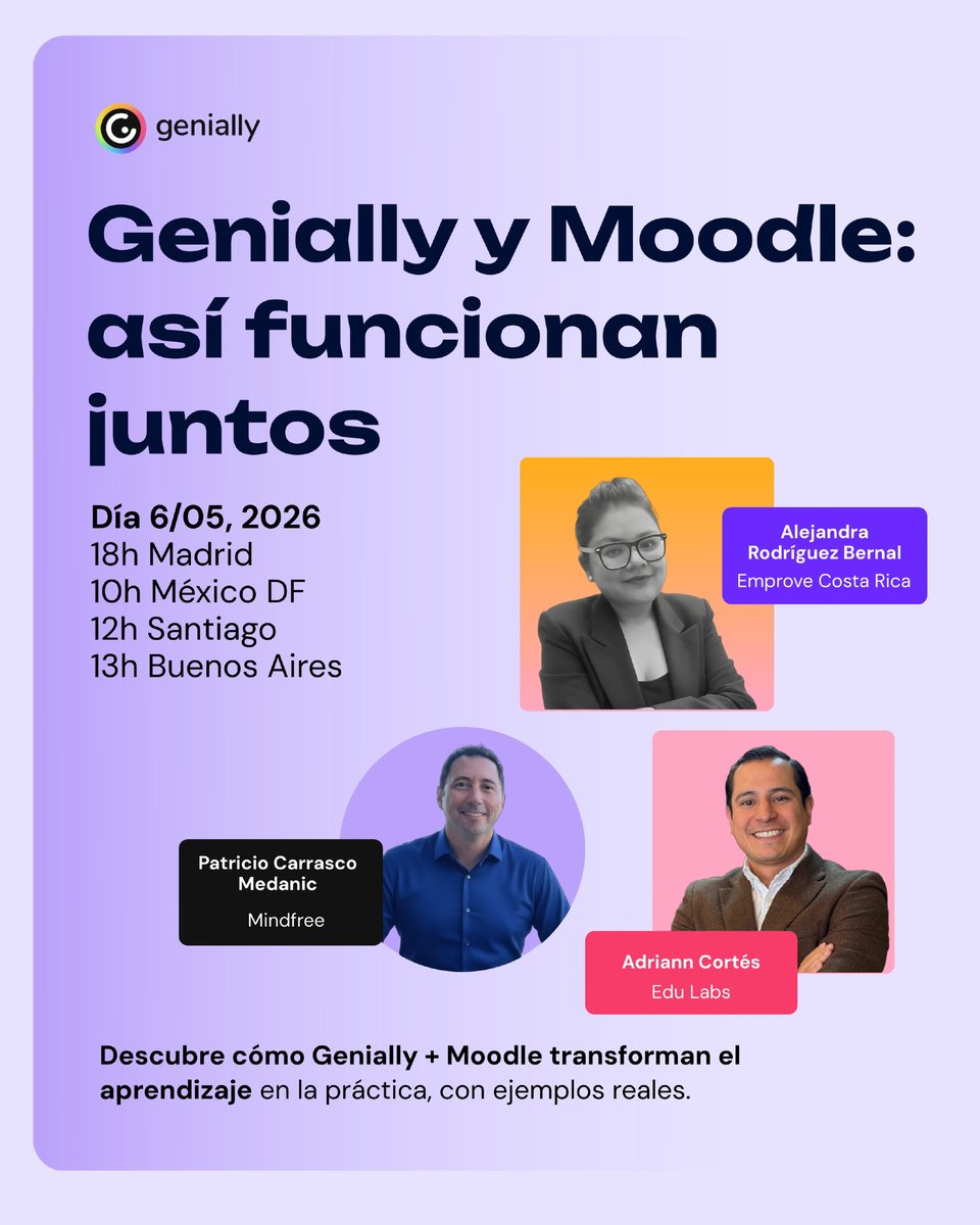 genially_es's tweet photo. ¡Queda muy poco para que encuentres la inspiración con este webinar! Mostraremos ejemplos de cómo quedan integradas las experiencias interactivas de Genially en Moodle. ¡Ya tienes plan para el miércoles 6 de mayo! Inscríbete: https://t.co/SaeicoEI2o https://t.co/7R9CcyqUF0