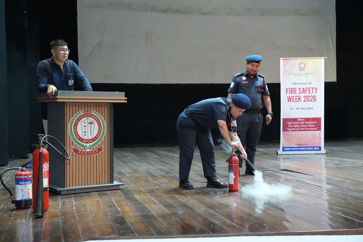 RIMSIMPHAL1's tweet photo. RIMS, Imphal commenced the observance of Fire Safety Week 2026 , which will continue until May 10, in accordance with the guidelines of the MoHFW, GoI. This year’s theme is “Safe School, Safe Hospital &amp; Fire Safety Aware Society – Together for Fire Prevention.
@MoHFW_INDIA https://t.co/phUXaI3Kg6