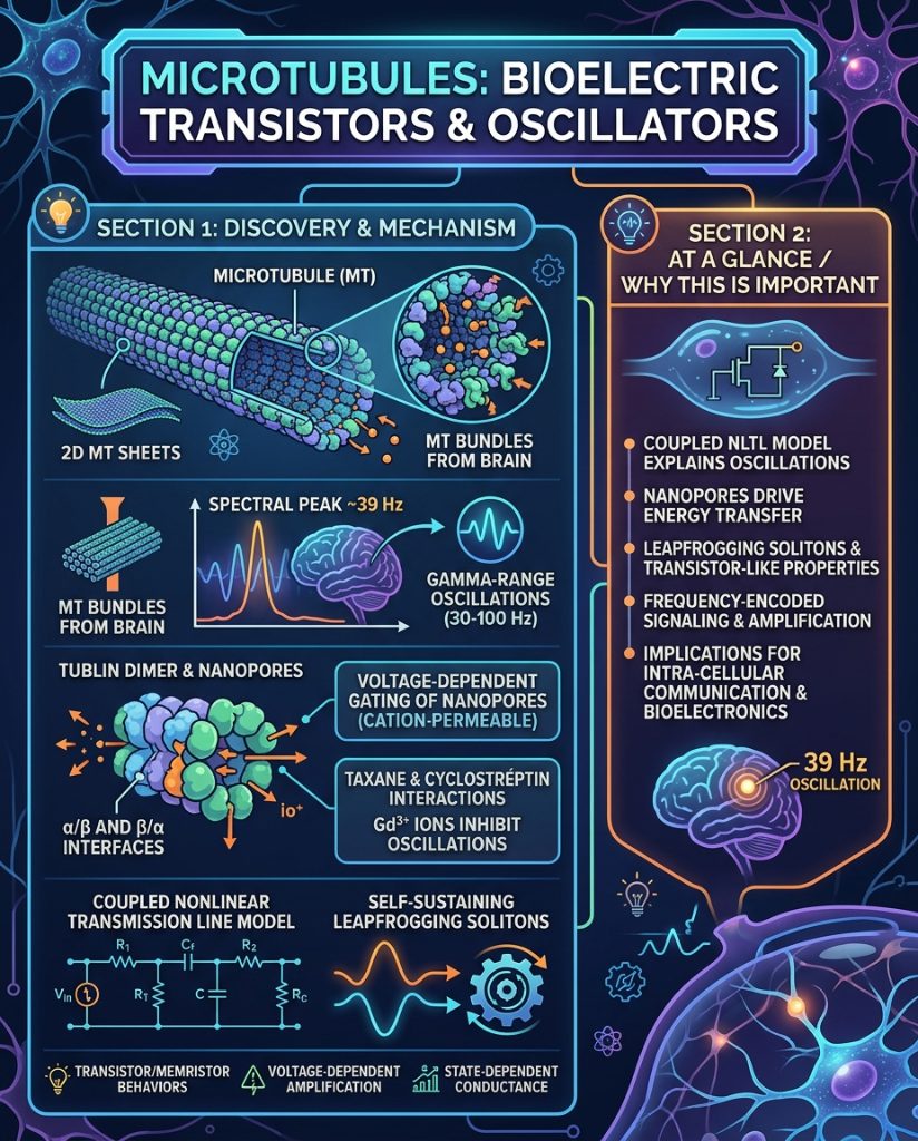 Microtubules are not merely structural scaffolding; they function as sophisticated biological transistors. Recent electrokinetic modeling reveals these polymers act as coupled asymmetric transmission lines, processing signals via inner and outer ionic layers.

The mechanism