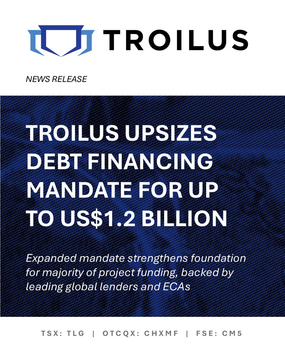 TroilusMining's tweet photo. Troilus upsizes debt financing mandate for up to US$1.2 billion.

Read the news here: https://t.co/wTQ7Fabat9
----------------------------------------------------------------------
Troilus porte son mandat de financement par dette jusqu’à 1,2 G$ US.

Lire le communiqué ici : https://t.co/jAp1W74PDI 

#TSX: $TLG | #OTCQX : $CHXMF | FSE : $CM5
#canada #quebec #criticalminerals #exploration #repsonsibledevelopment #juniormining #quebecmining #development #exploration #Gold #Copper #investment #canadianmining #canada #miningdevelopment